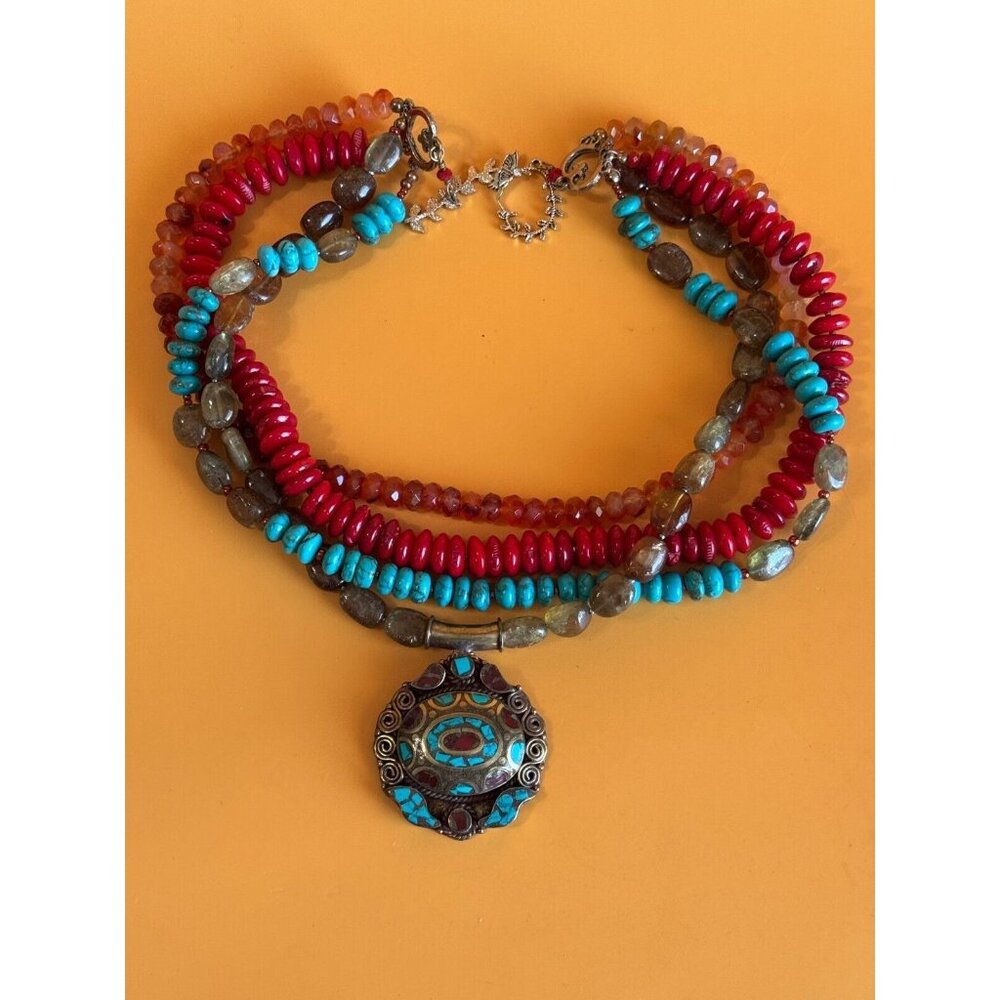 Southwestern Tribal Blue Howlite Red Orange Sage Quartz Beaded Necklace 17"